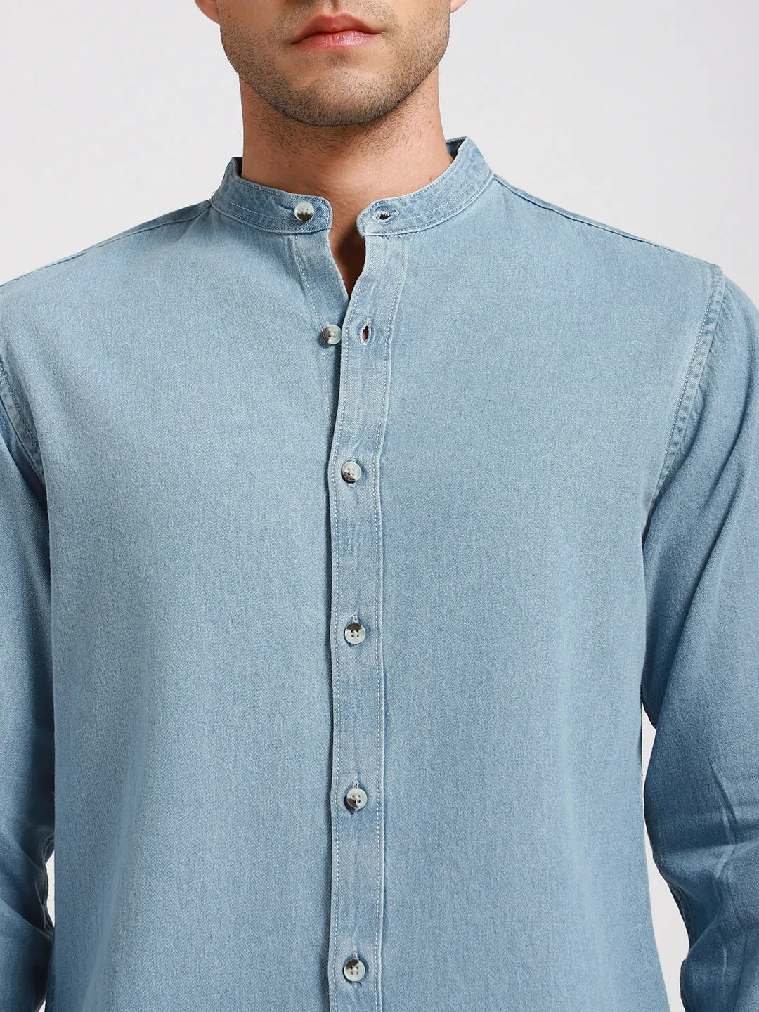 Men's Mandarin Collar Slim Fit Washed Indigo Denim Shirt