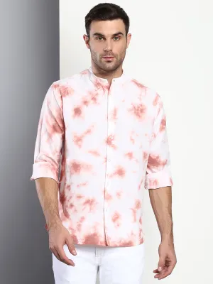 Men's Ombre Dusty Pink Slim Fit Cotton Casual Shirt With Mandarin Collar & Full Sleeves