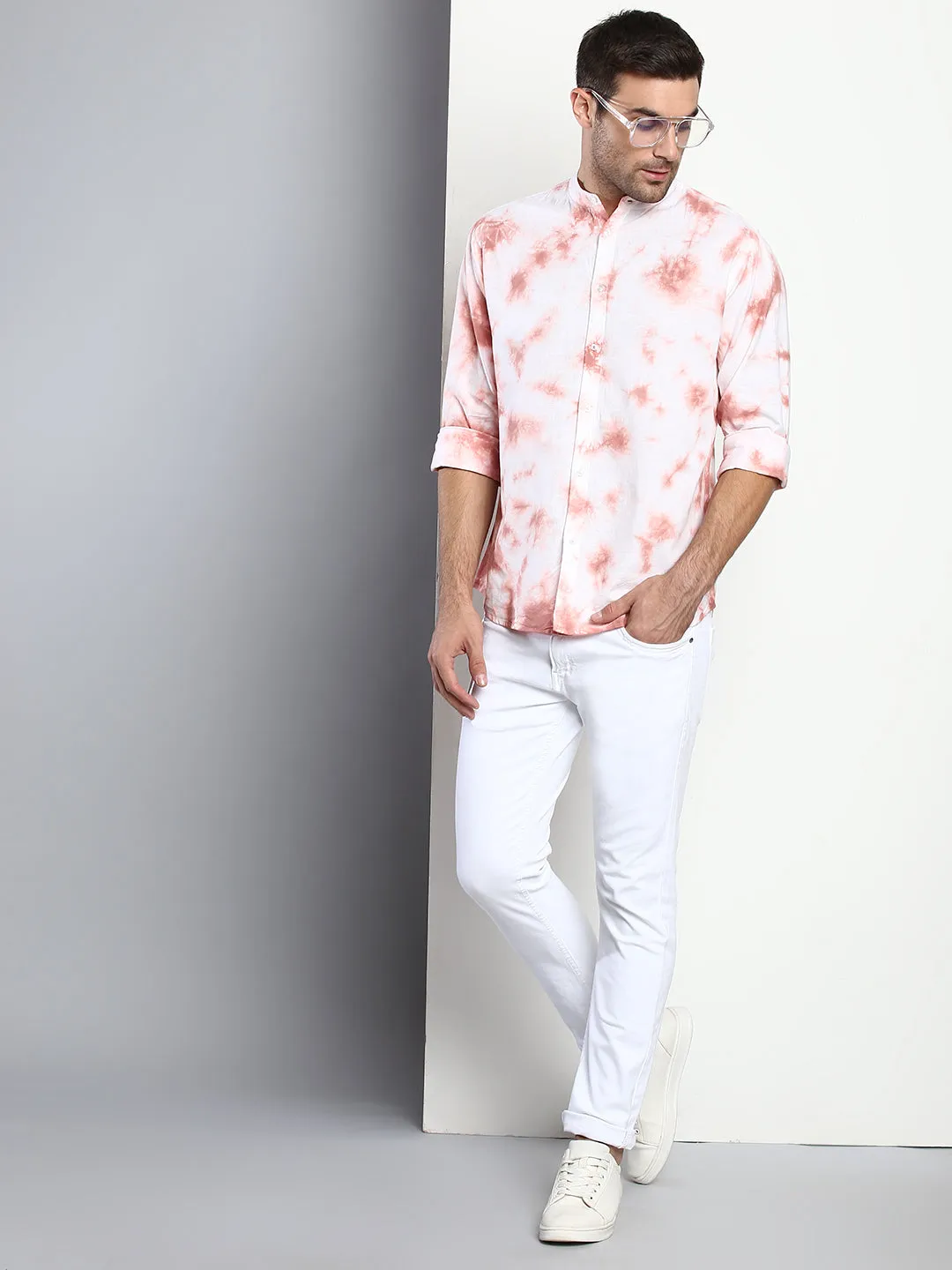 Men's Ombre Dusty Pink Slim Fit Cotton Casual Shirt With Mandarin Collar & Full Sleeves