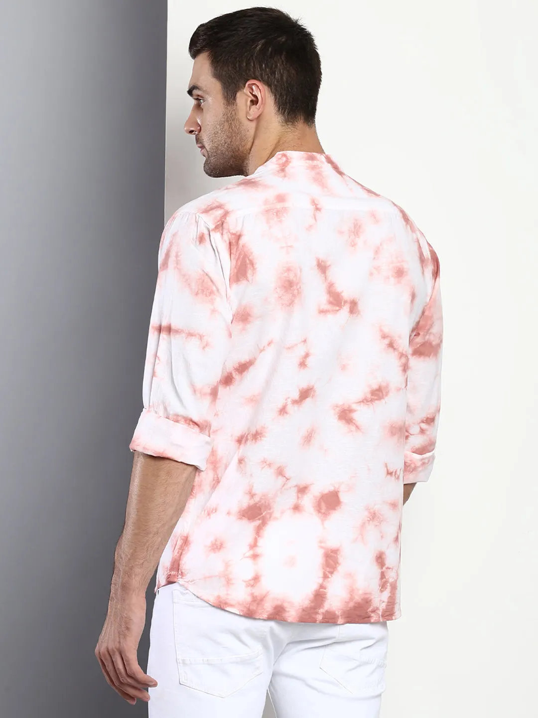 Men's Ombre Dusty Pink Slim Fit Cotton Casual Shirt With Mandarin Collar & Full Sleeves