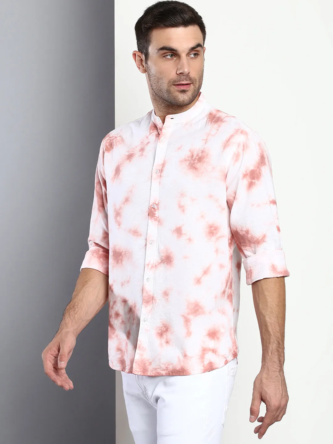 Men's Ombre Dusty Pink Slim Fit Cotton Casual Shirt With Mandarin Collar & Full Sleeves