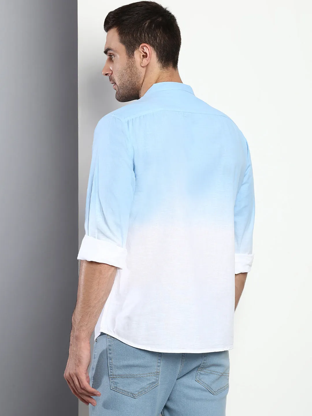 Men's Ombre Sky Blue Slim Fit Cotton Casual Shirt With Mandarin Collar & Full Sleeves