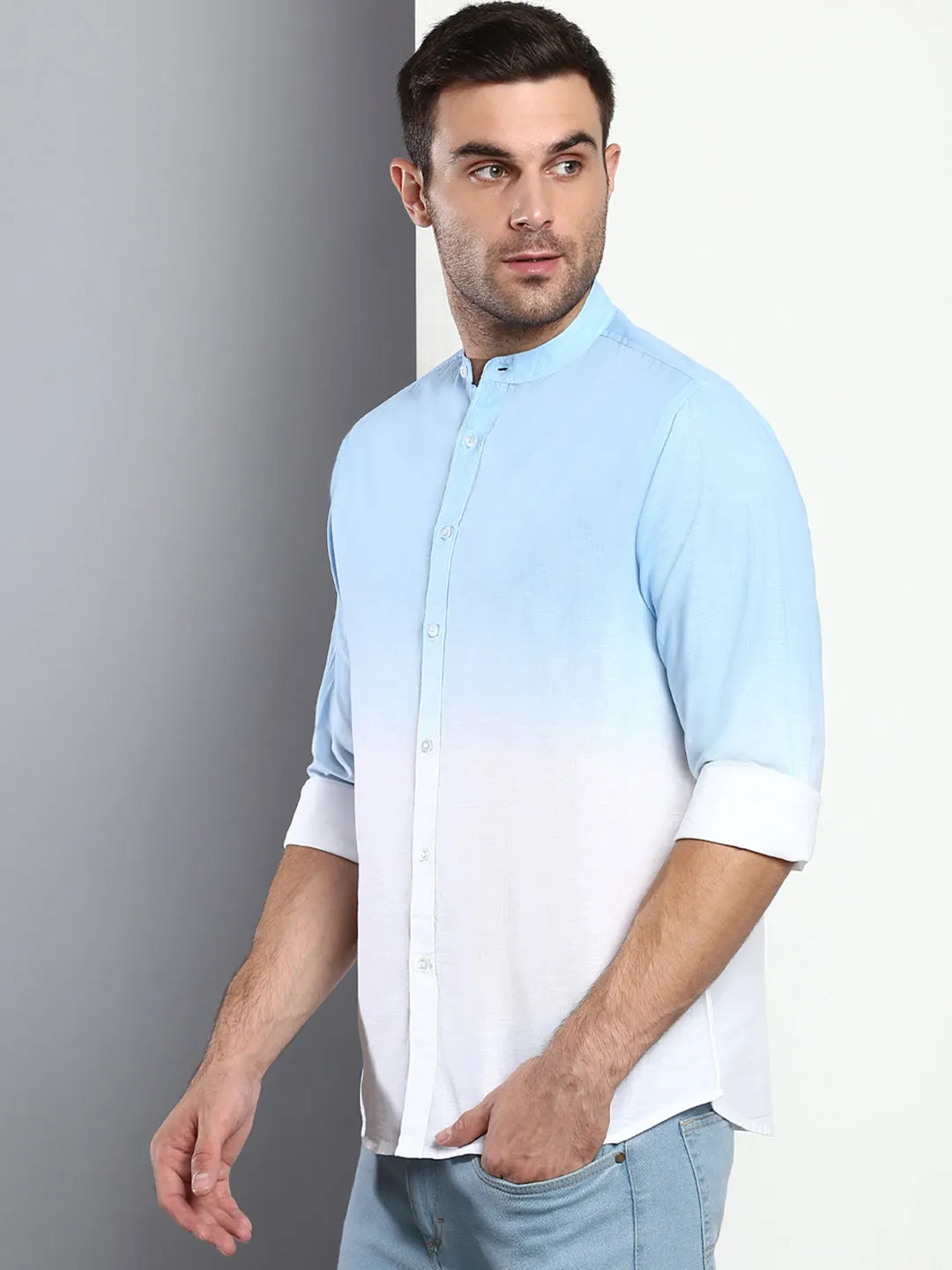 Men's Ombre Sky Blue Slim Fit Cotton Casual Shirt With Mandarin Collar & Full Sleeves