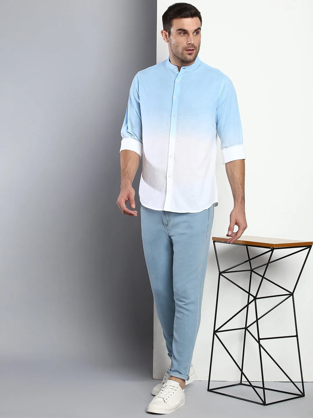 Men's Ombre Sky Blue Slim Fit Cotton Casual Shirt With Mandarin Collar & Full Sleeves
