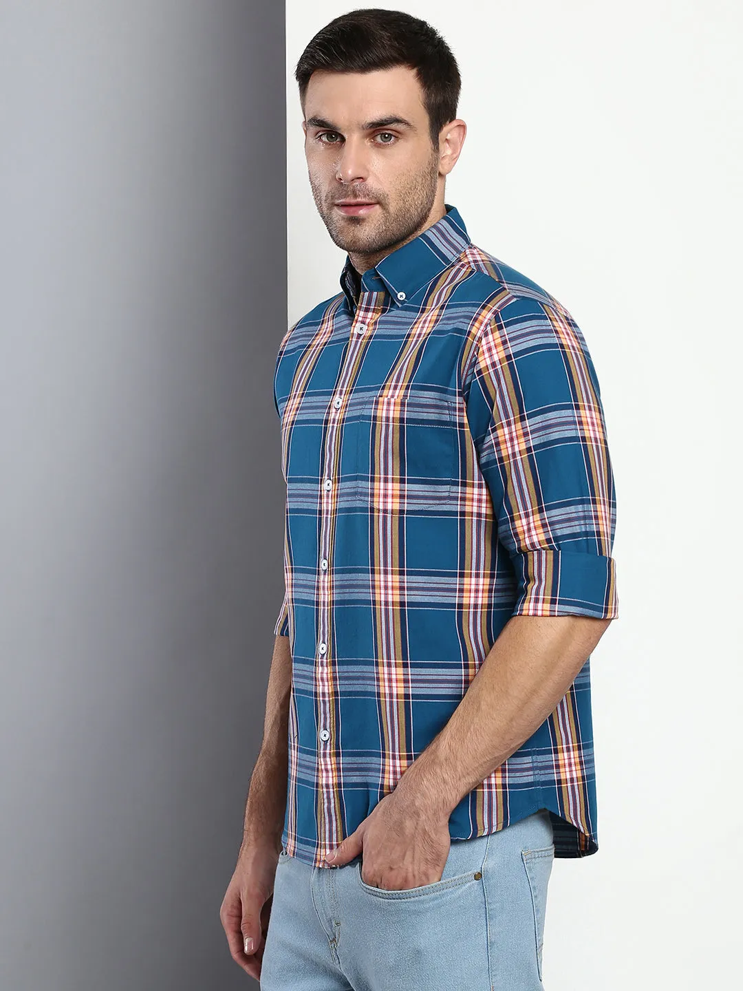 Men's Plaid Peacock Slim Fit Cotton Casual Shirt With Button Down Collar & Full Sleeves