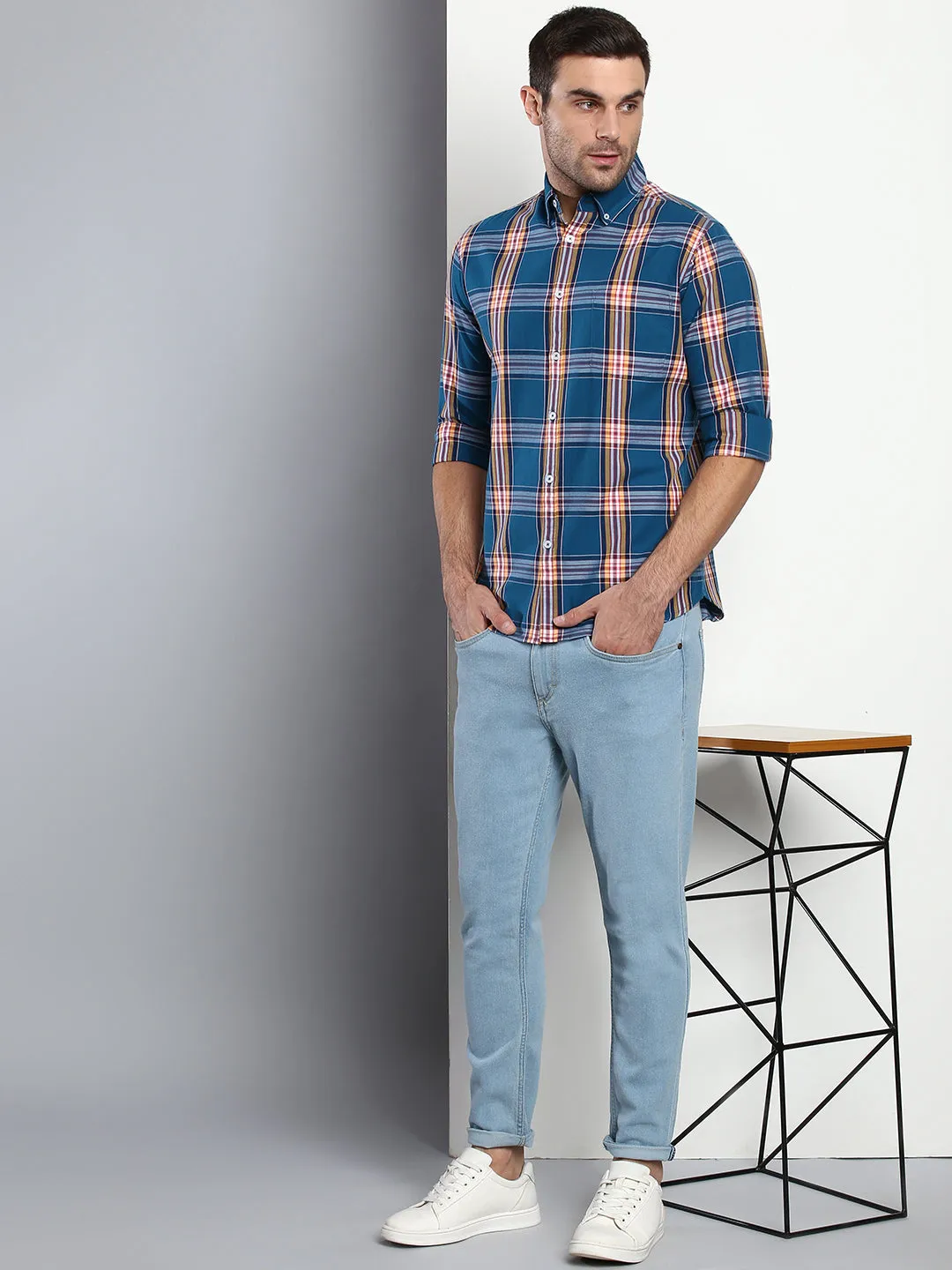 Men's Plaid Peacock Slim Fit Cotton Casual Shirt With Button Down Collar & Full Sleeves