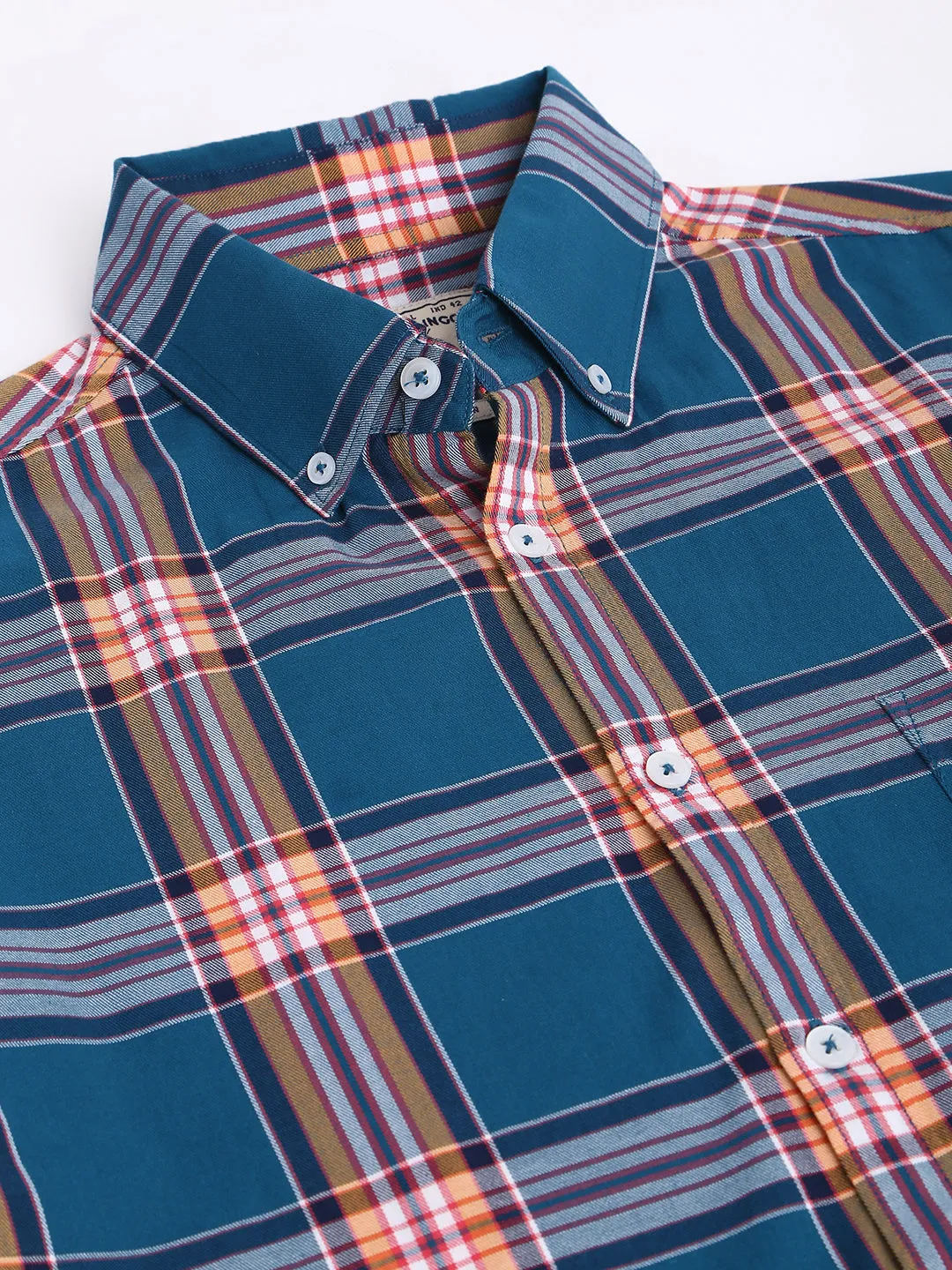 Men's Plaid Peacock Slim Fit Cotton Casual Shirt With Button Down Collar & Full Sleeves