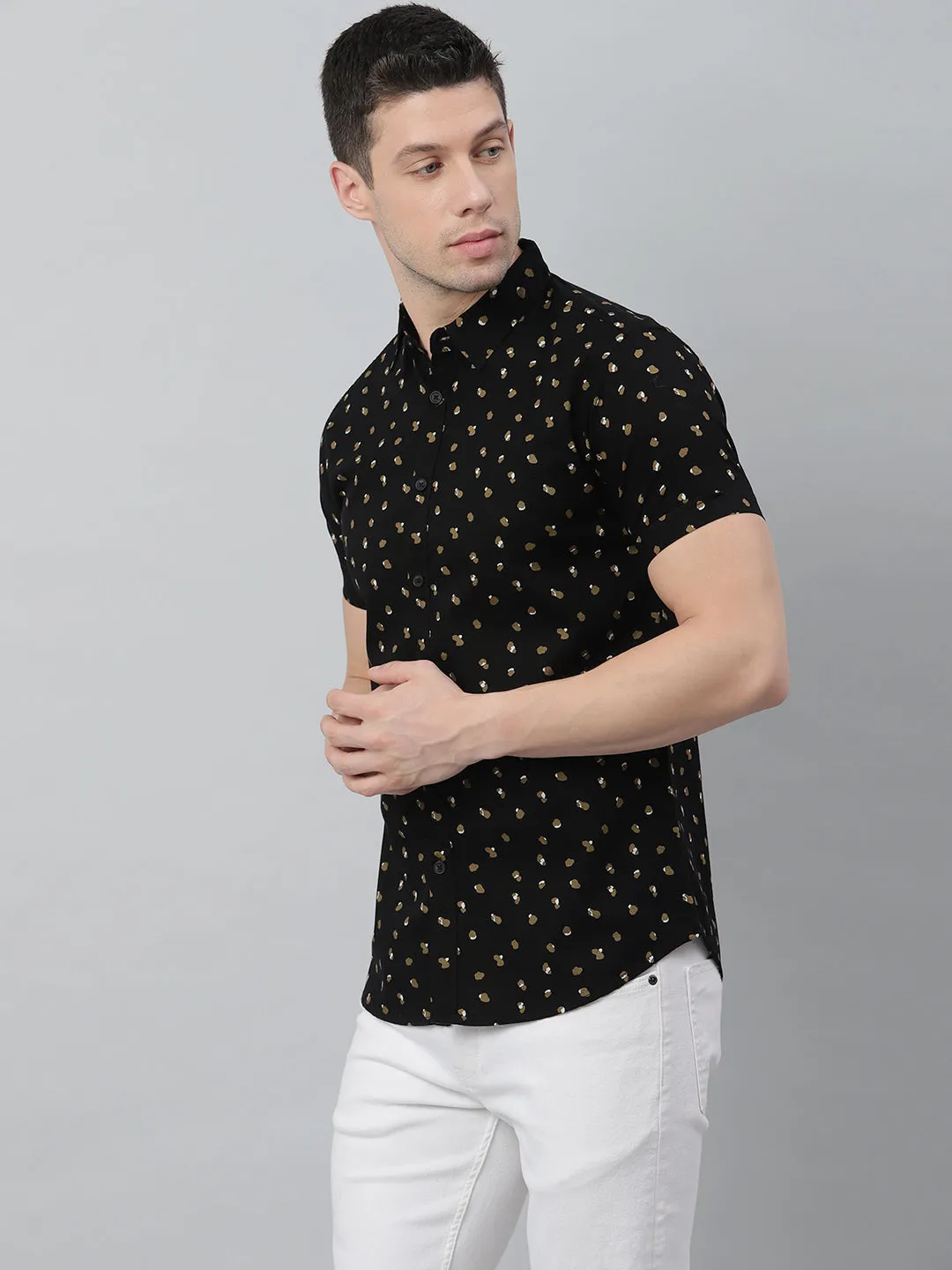 Men's Polka Dot Black Slim Fit Cotton Casual Shirt