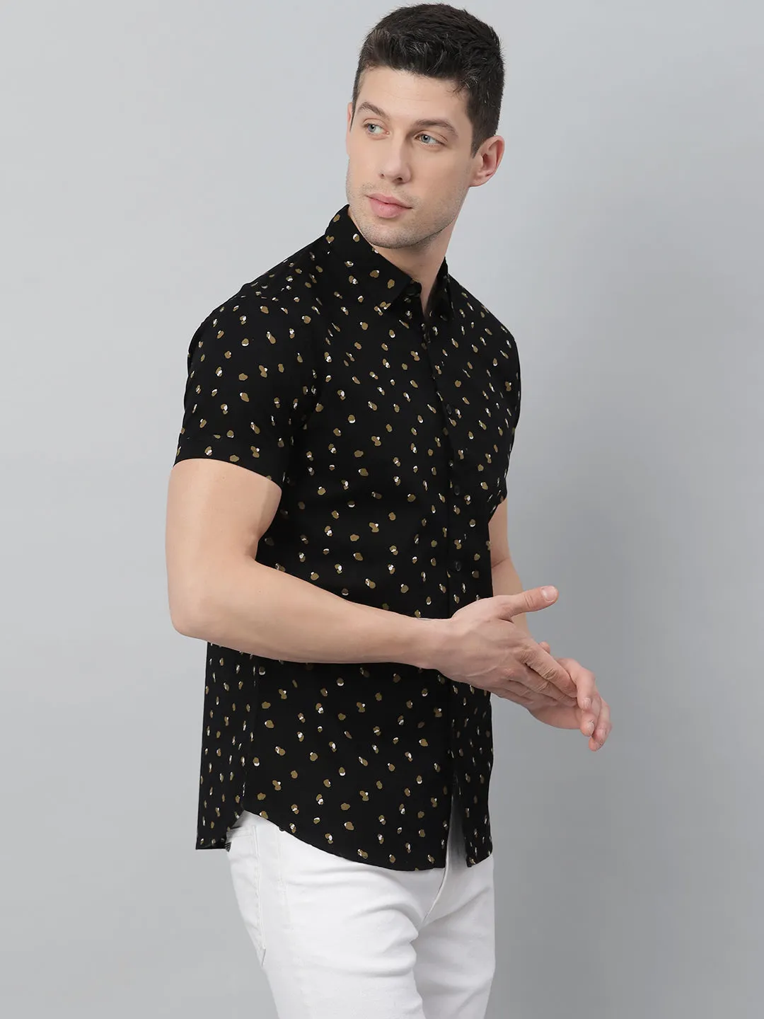 Men's Polka Dot Black Slim Fit Cotton Casual Shirt