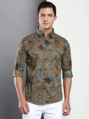 Men's Printed Green Slim Fit Cotton Poly Casual Shirt With Spread Collar & Full Sleeves