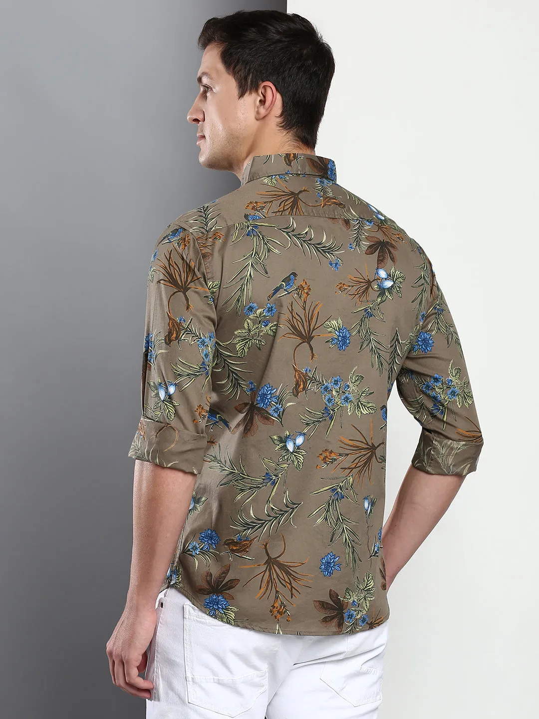Men's Printed Green Slim Fit Cotton Poly Casual Shirt With Spread Collar & Full Sleeves
