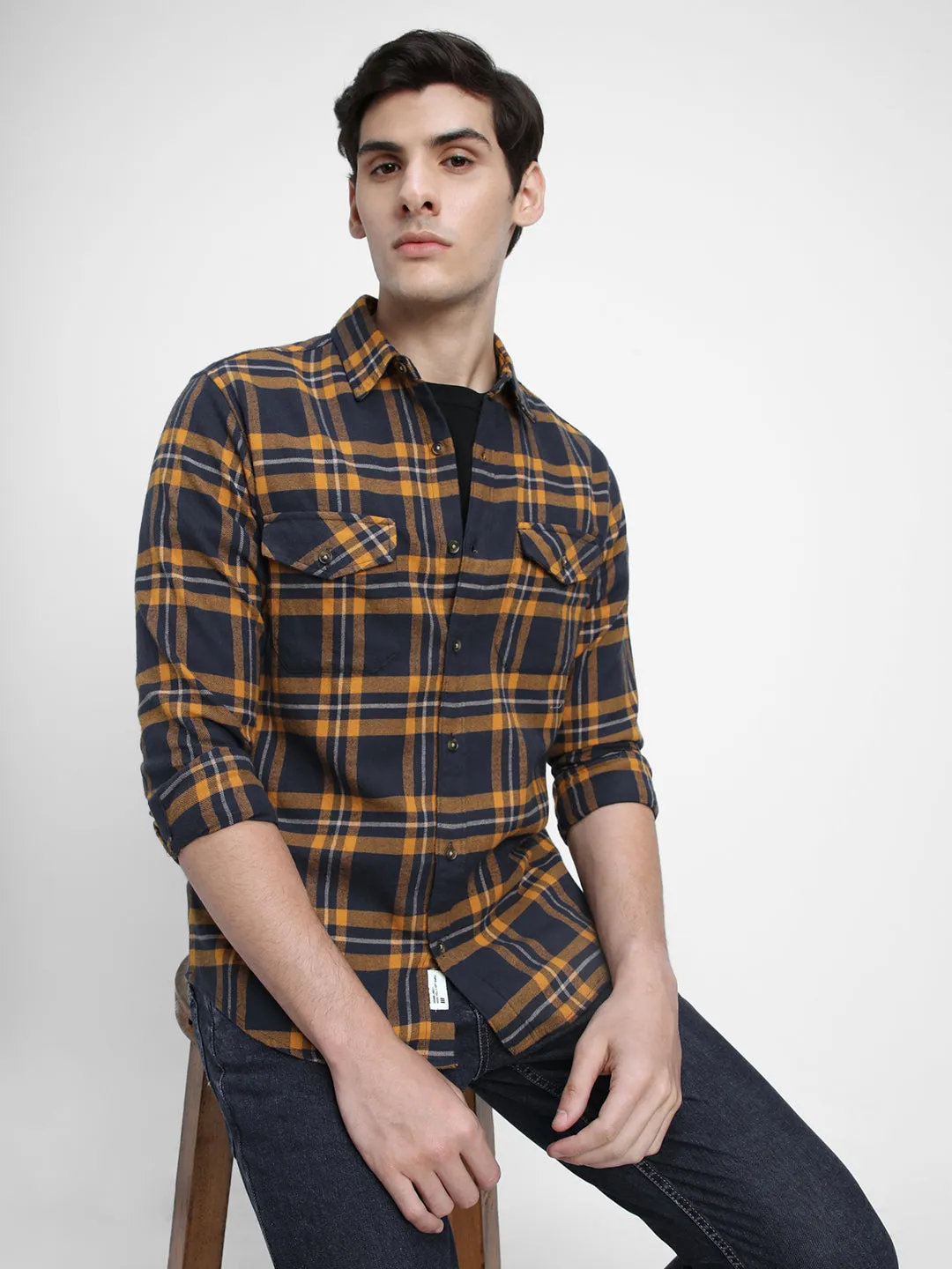Men's Regular Collar Slim Fit Checks Ochre Casual Shirts
