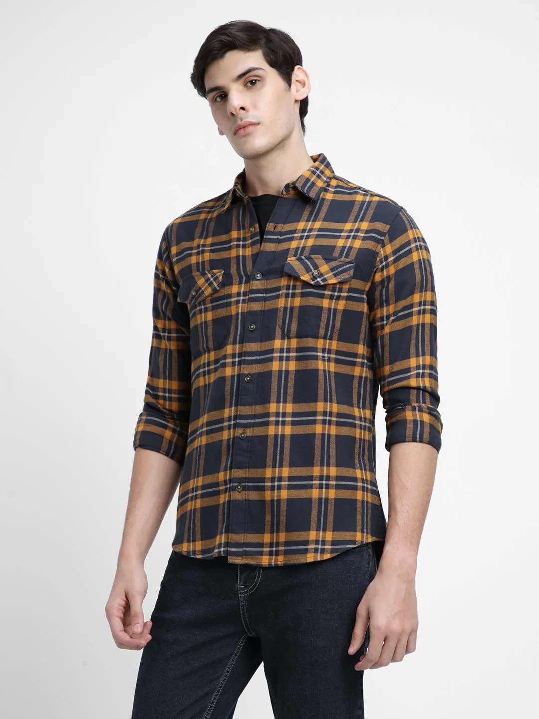 Men's Regular Collar Slim Fit Checks Ochre Casual Shirts
