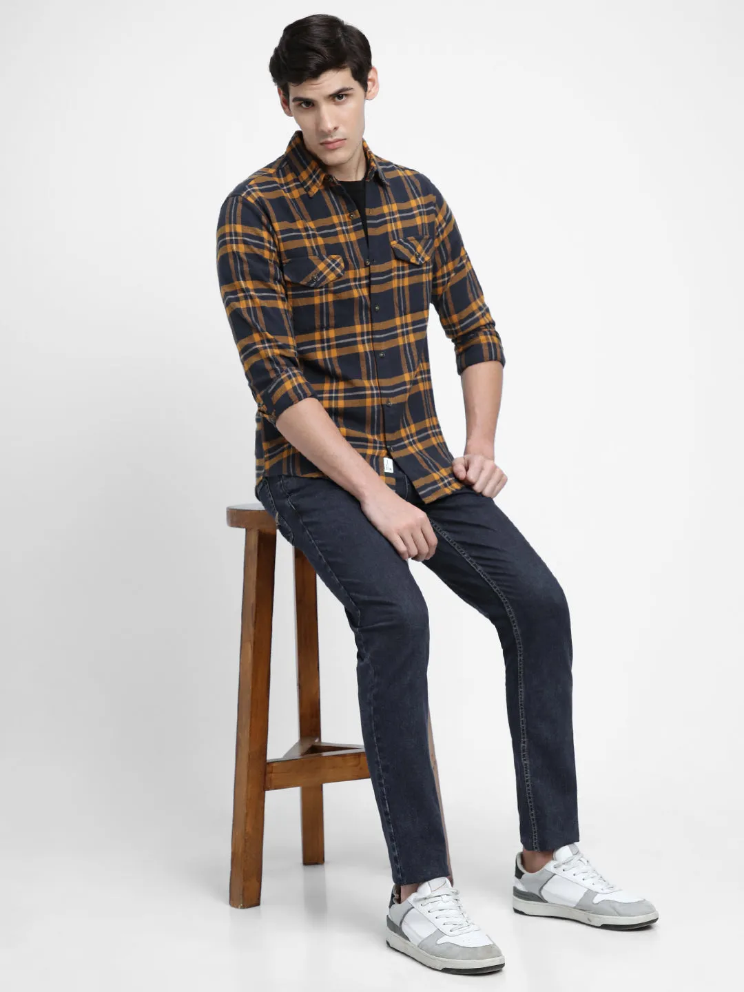 Men's Regular Collar Slim Fit Checks Ochre Casual Shirts