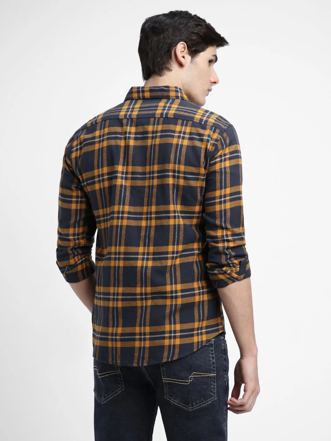 Men's Regular Collar Slim Fit Checks Ochre Casual Shirts
