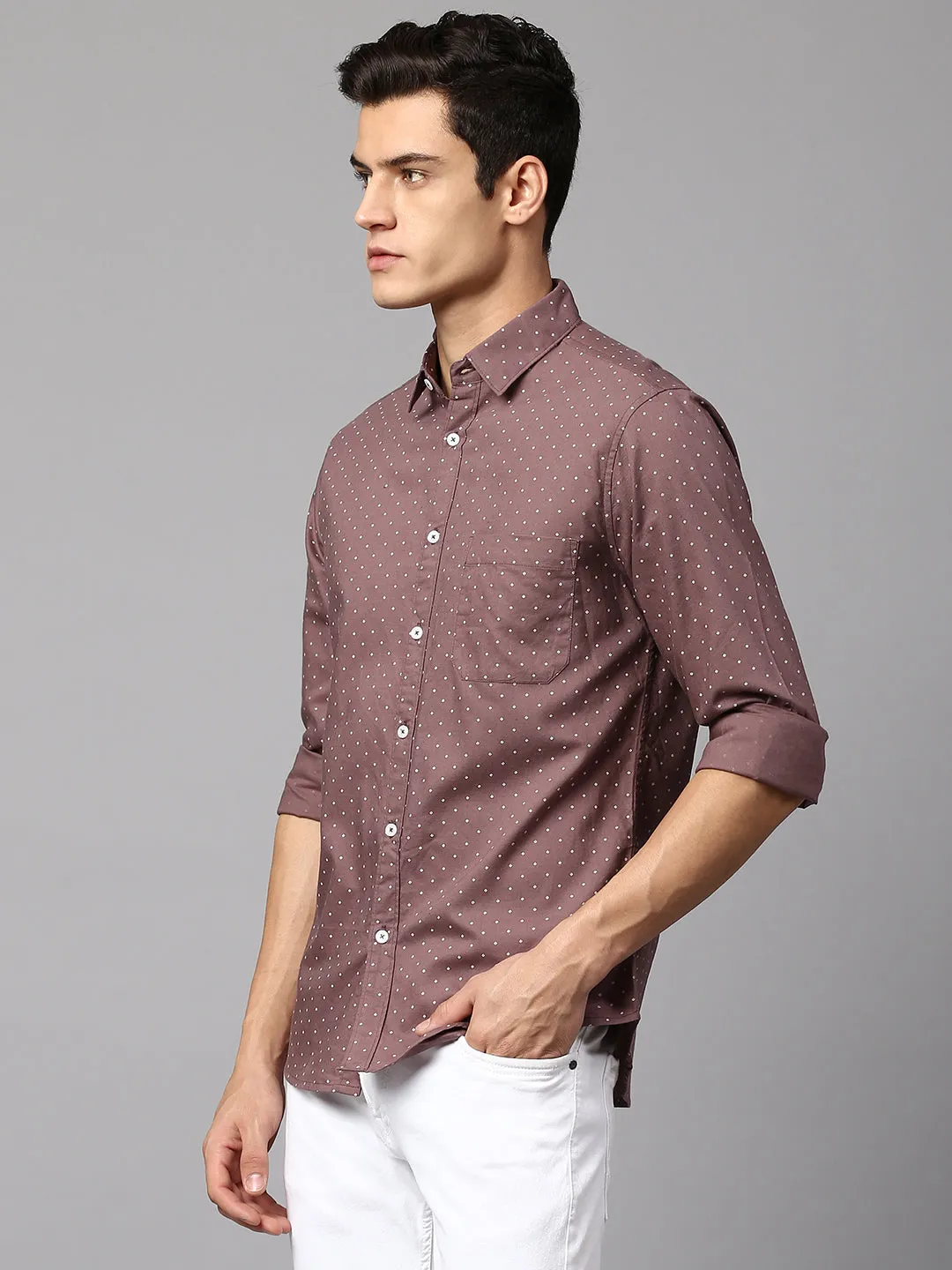 Men's Self-Design Brown Slim Fit Casual Shirt  Spread Collar