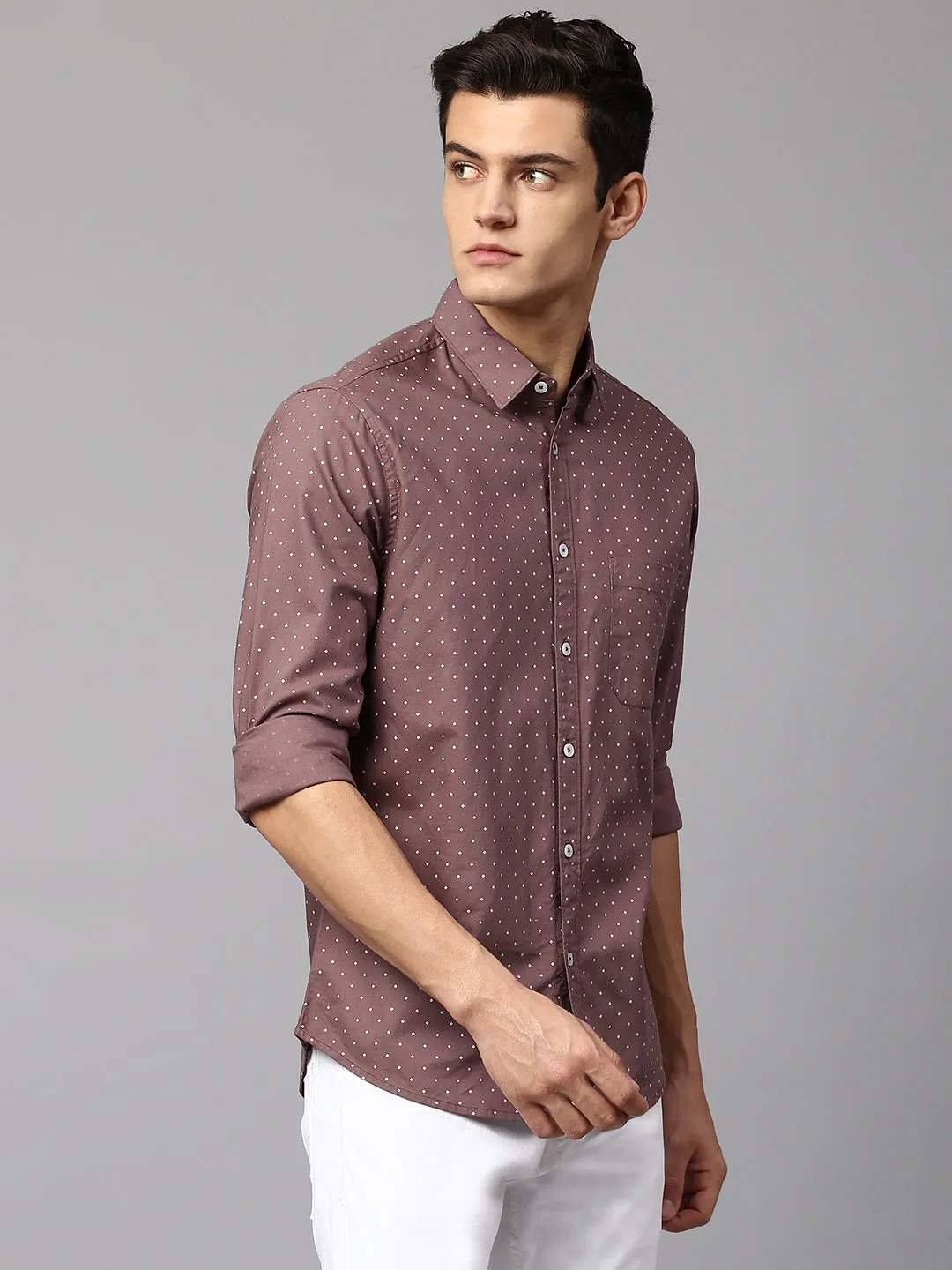 Men's Self-Design Brown Slim Fit Casual Shirt  Spread Collar