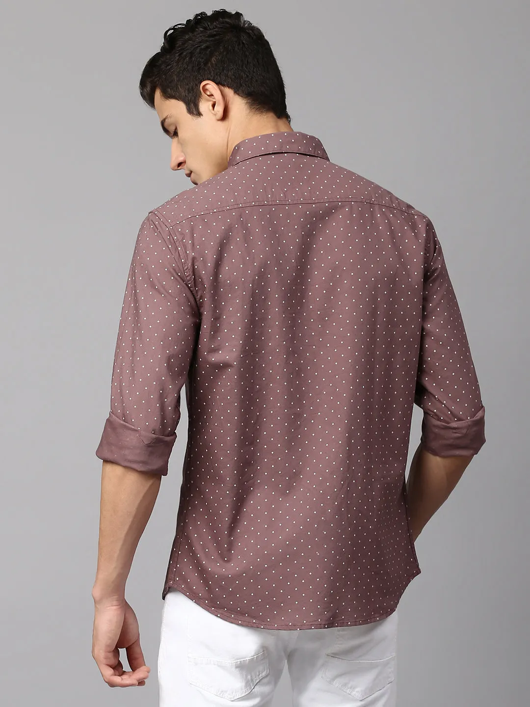 Men's Self-Design Brown Slim Fit Casual Shirt  Spread Collar