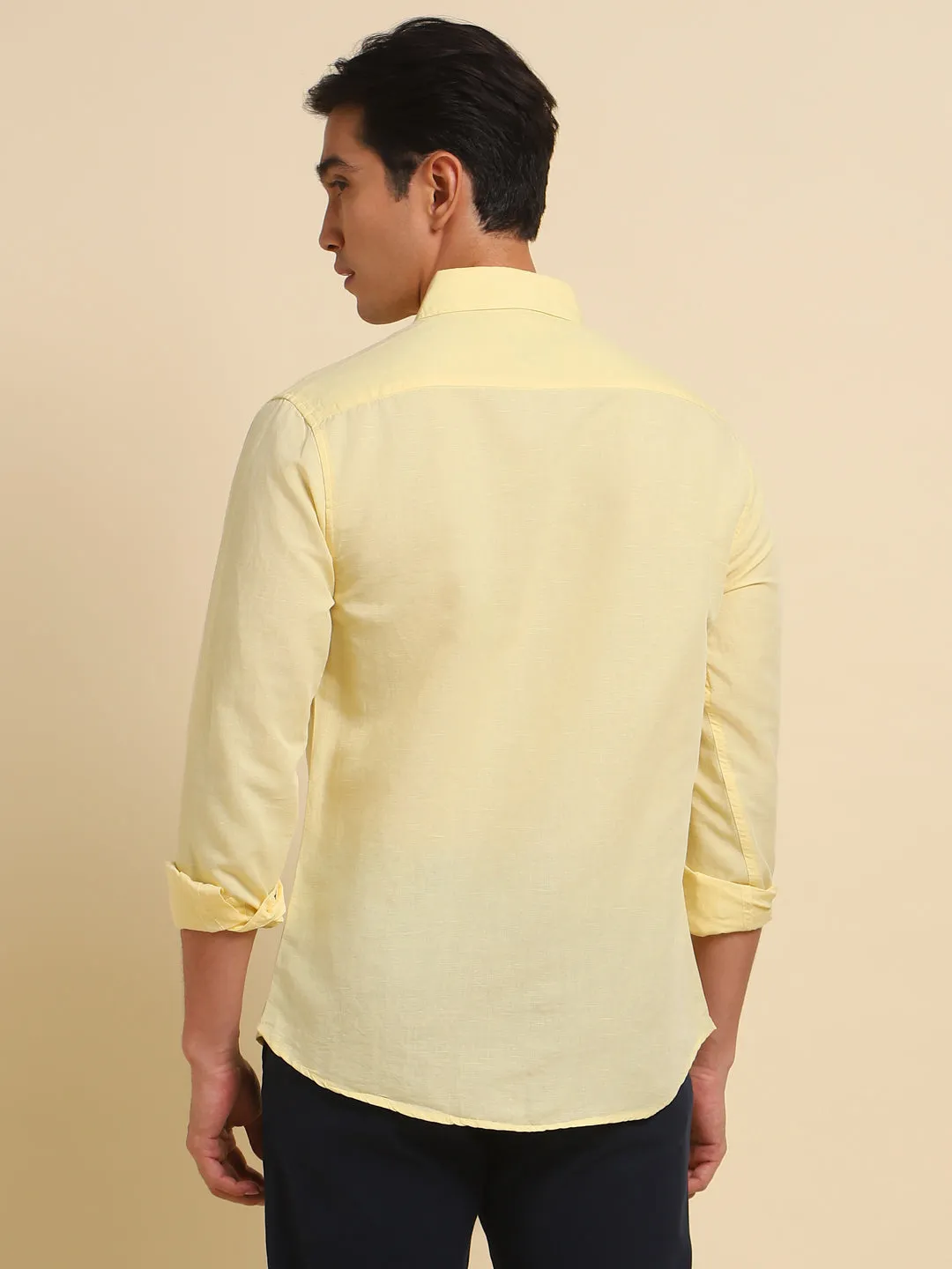 Men's Slim Fit Yellow Solid Button Down Collar & Full Sleeves Casual Shirt