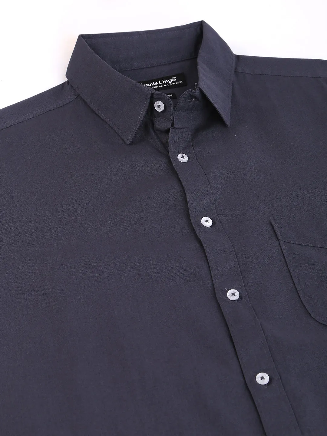 Men's Solid Dark Grey Slim Fit Cotton Linen Casual Shirt With Spread Collar & Half Sleeves