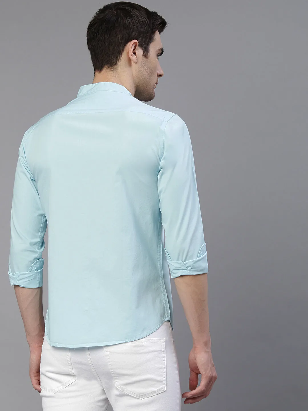 Men's Solid Mandarin Collar Turquoise blue Casual Shirt