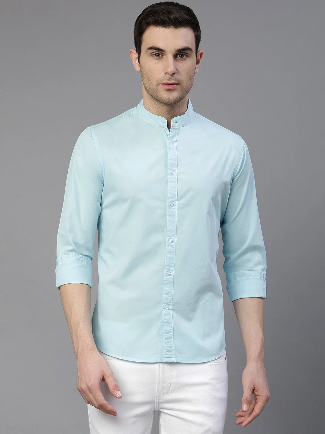 Men's Solid Mandarin Collar Turquoise blue Casual Shirt