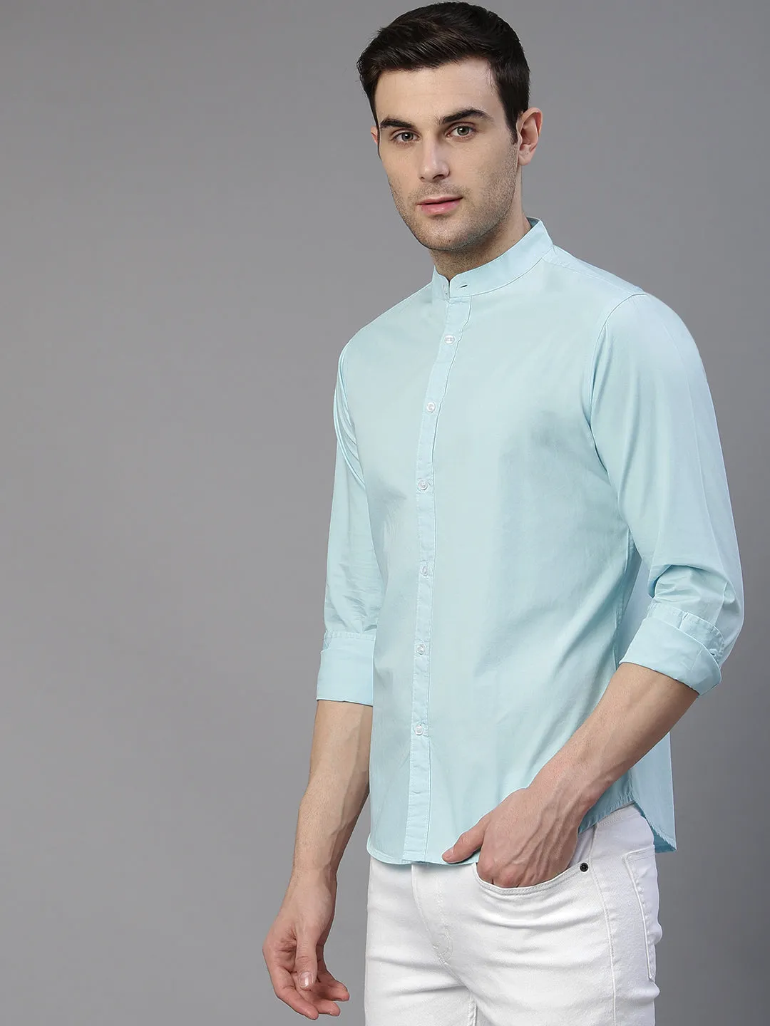 Men's Solid Mandarin Collar Turquoise blue Casual Shirt