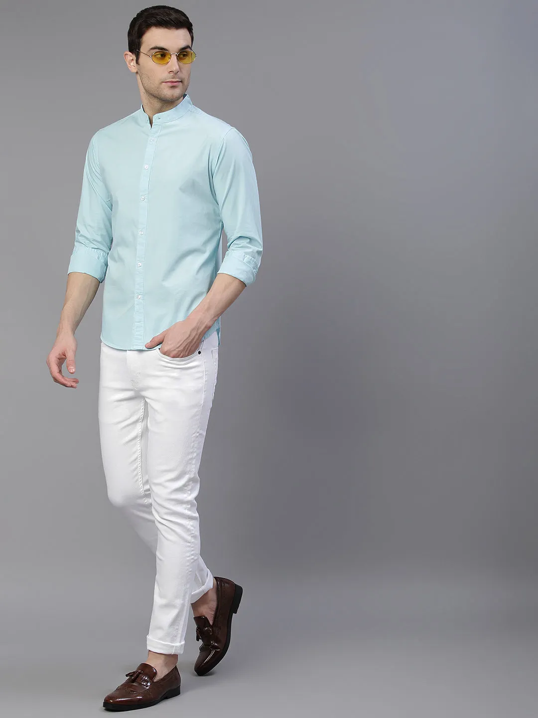Men's Solid Mandarin Collar Turquoise blue Casual Shirt