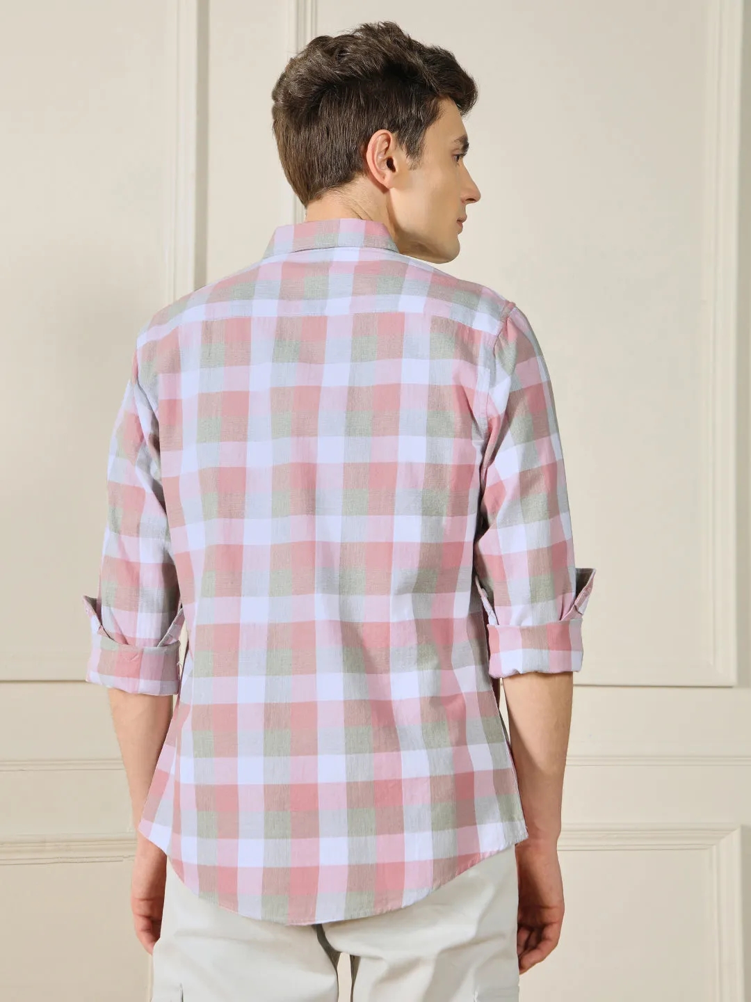 Men's Spread Collar Regular Fit Checks Red Casual Cotton Shirt