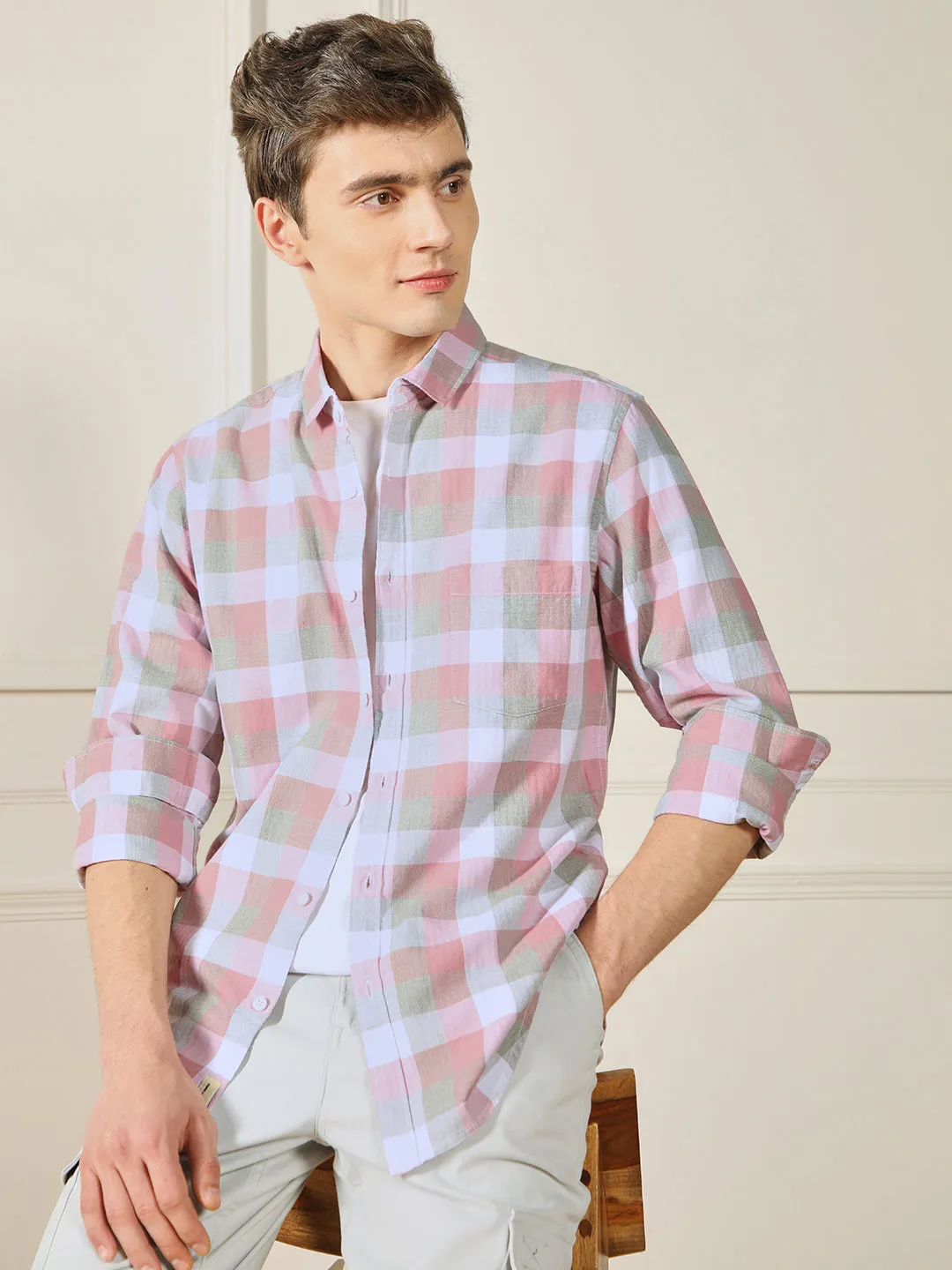 Men's Spread Collar Regular Fit Checks Red Casual Cotton Shirt