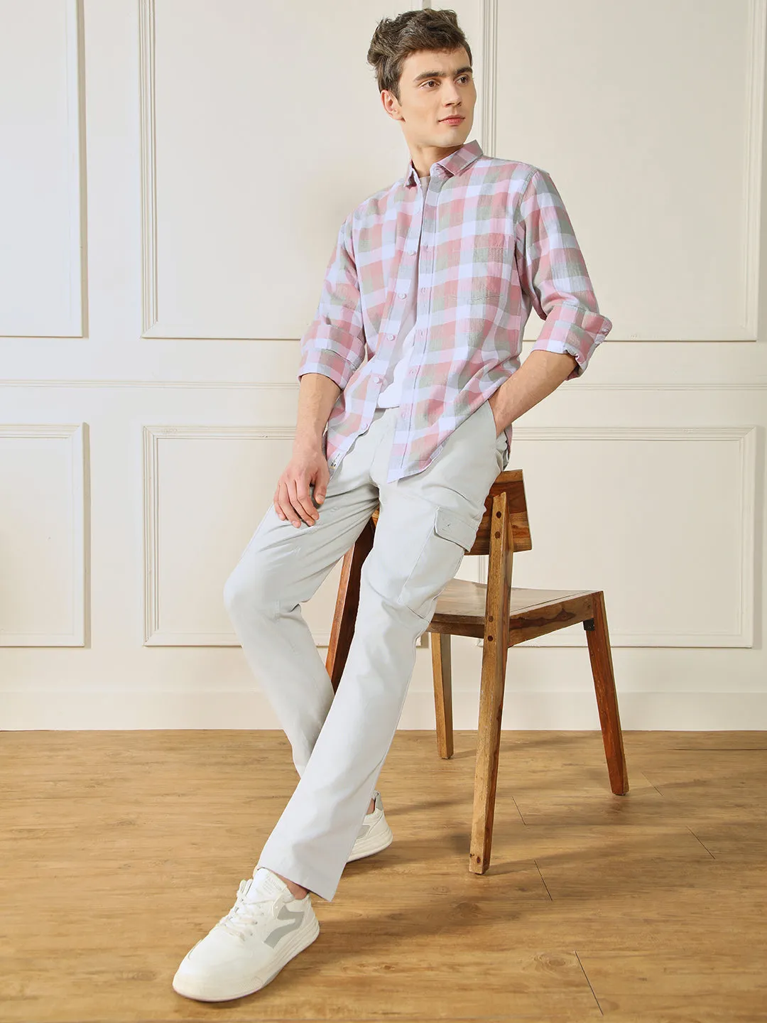 Men's Spread Collar Regular Fit Checks Red Casual Cotton Shirt