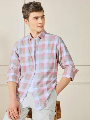 Men's Spread Collar Regular Fit Checks Red Casual Cotton Shirt