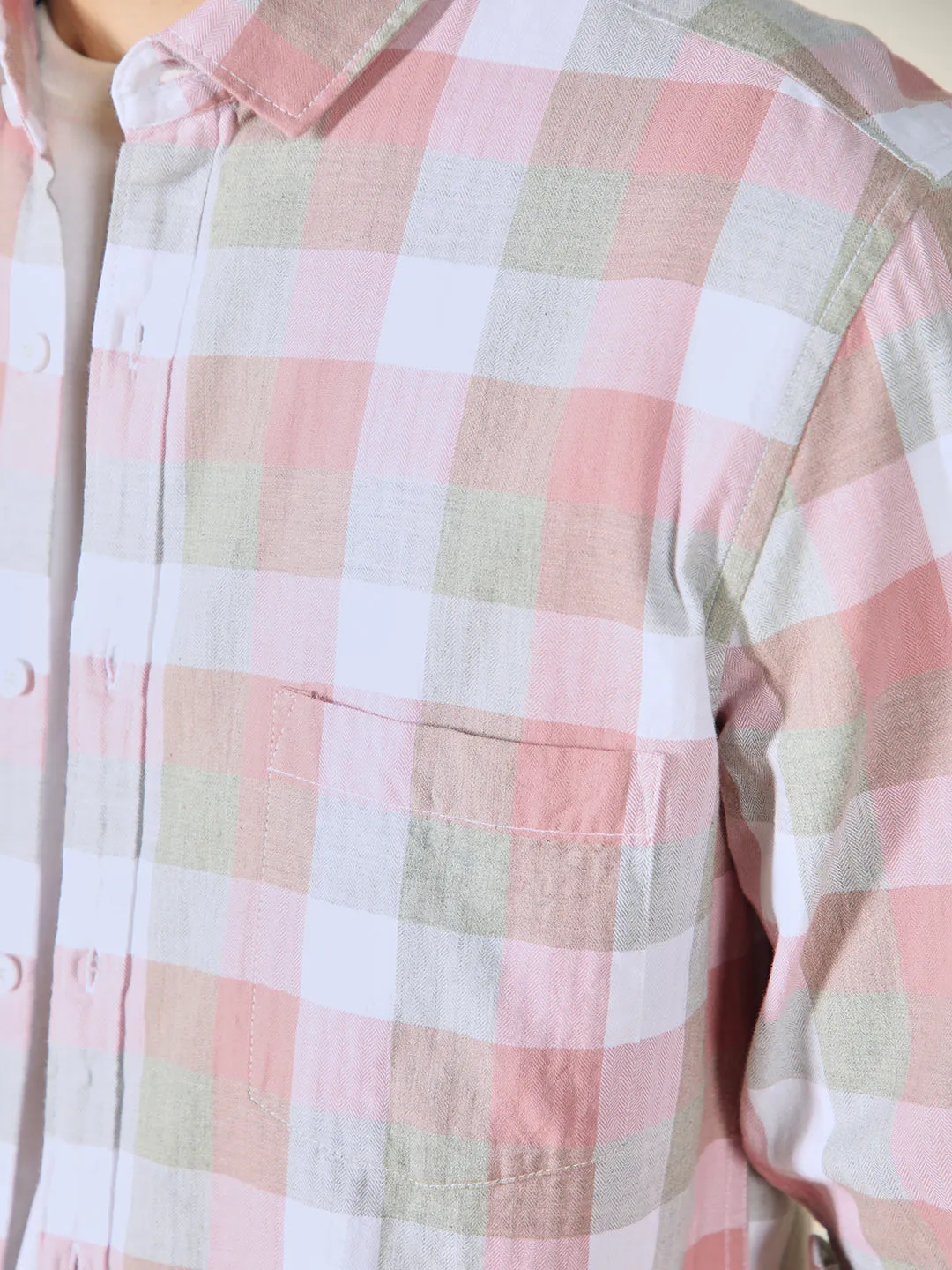 Men's Spread Collar Regular Fit Checks Red Casual Cotton Shirt