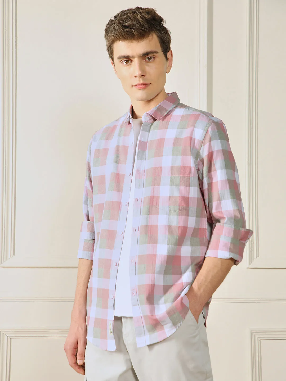Men's Spread Collar Regular Fit Checks Red Casual Cotton Shirt