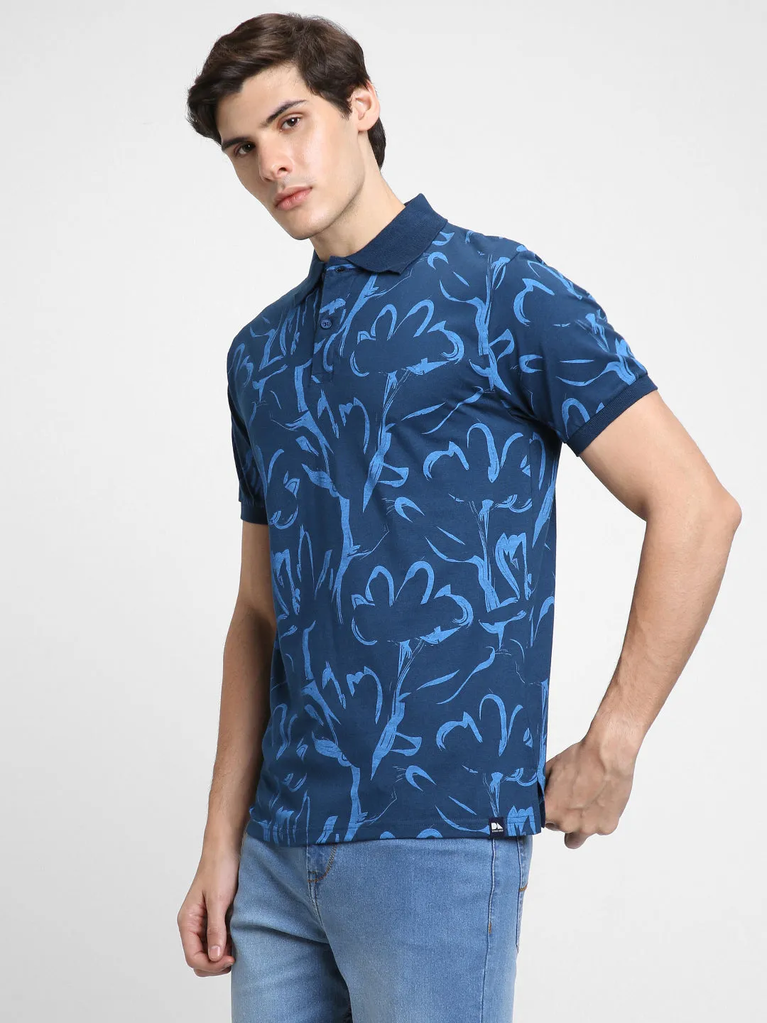 Men's Spread Collar Slim Fit Aop Blue T-shirt