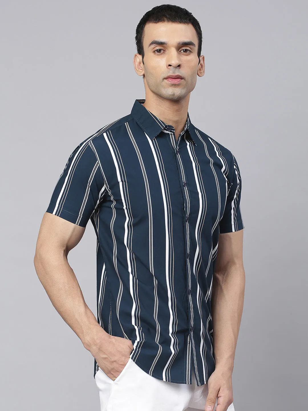 Men's Striped Navy Slim Fit Cotton Casual Shirt