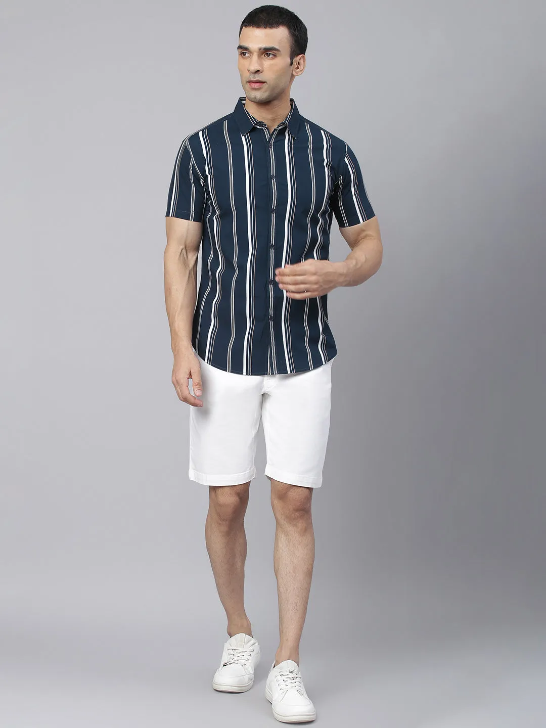Men's Striped Navy Slim Fit Cotton Casual Shirt