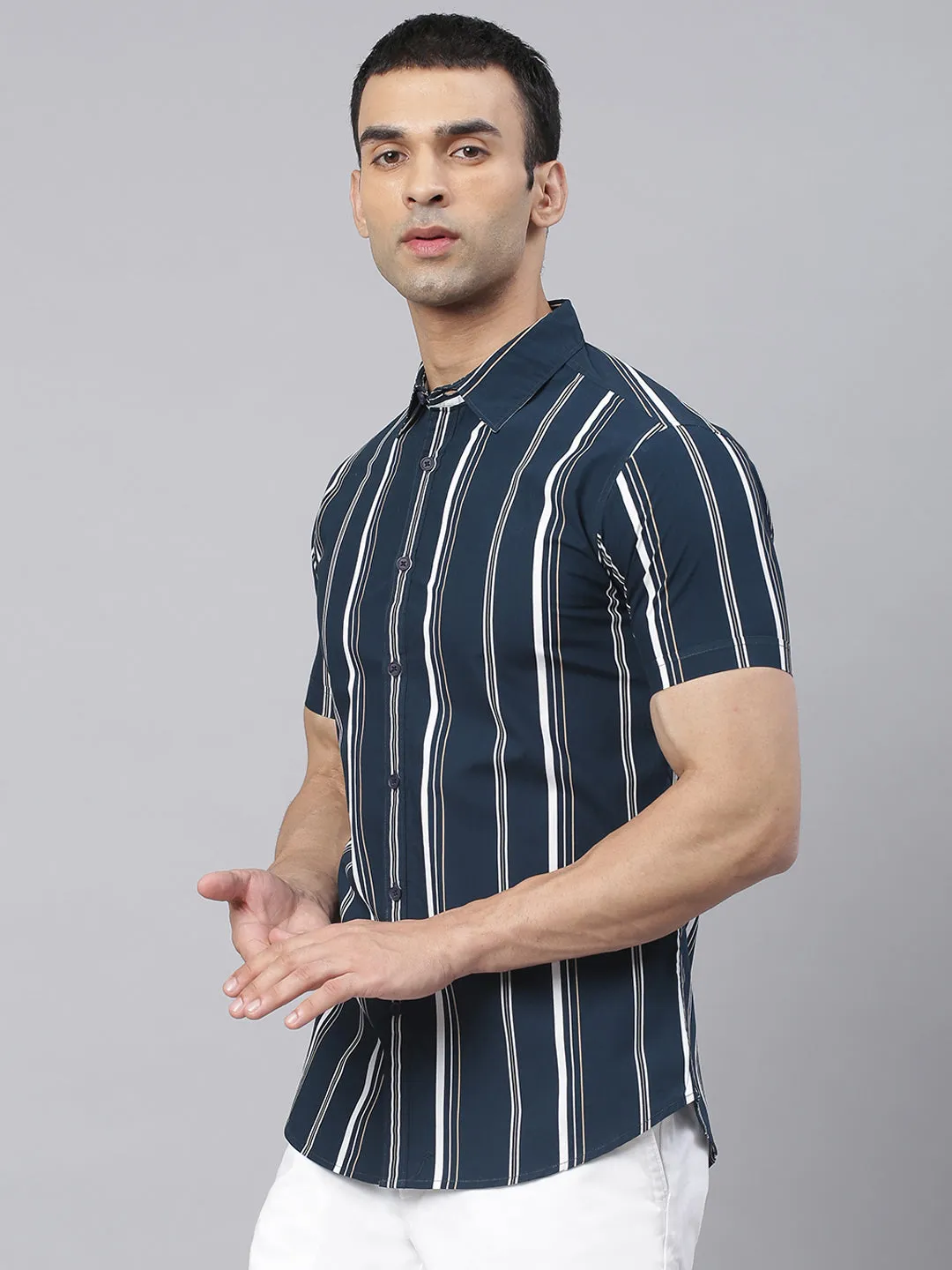Men's Striped Navy Slim Fit Cotton Casual Shirt
