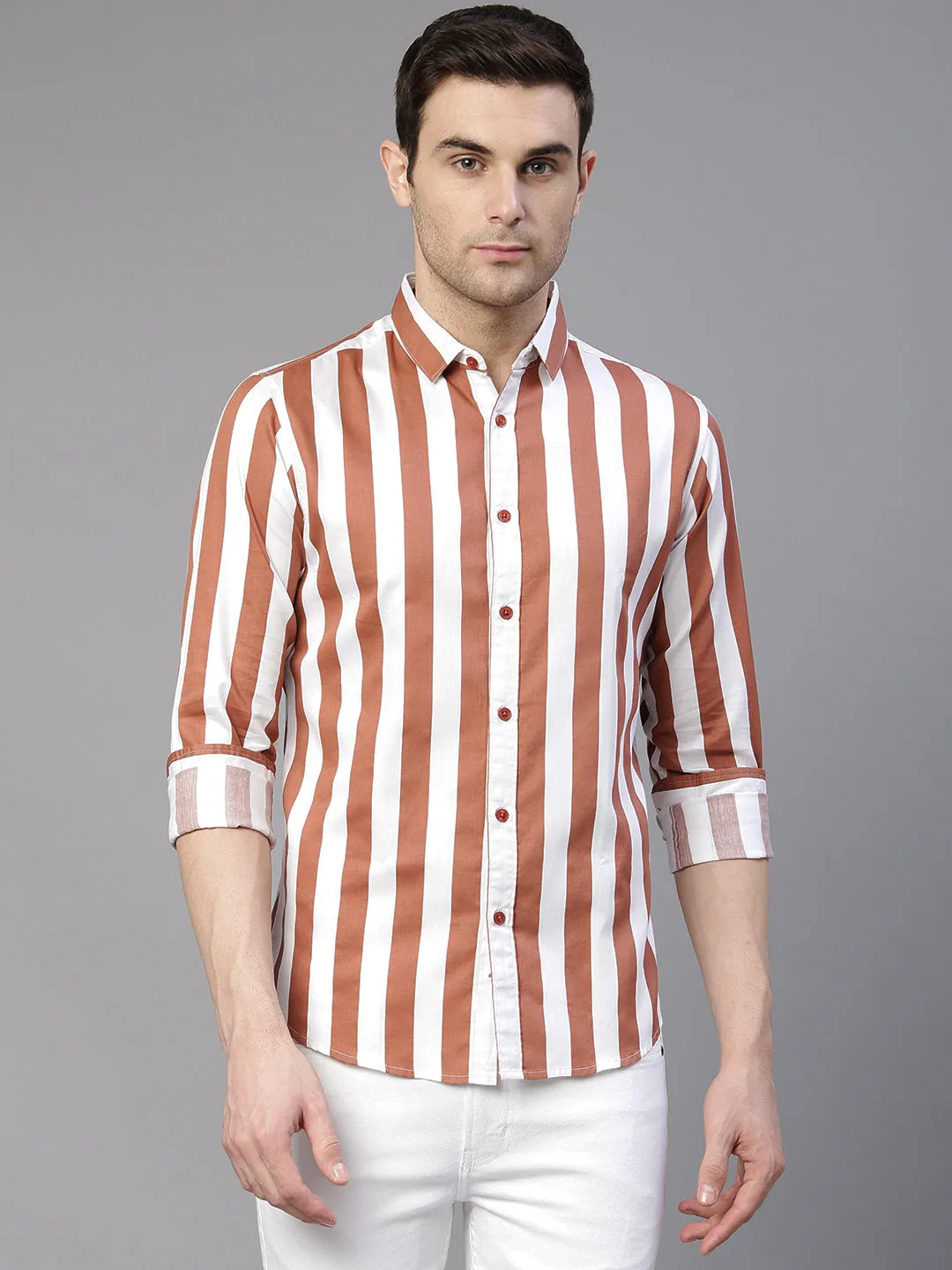 Men's Striped Peach Slim Fit Cotton Casual Shirt