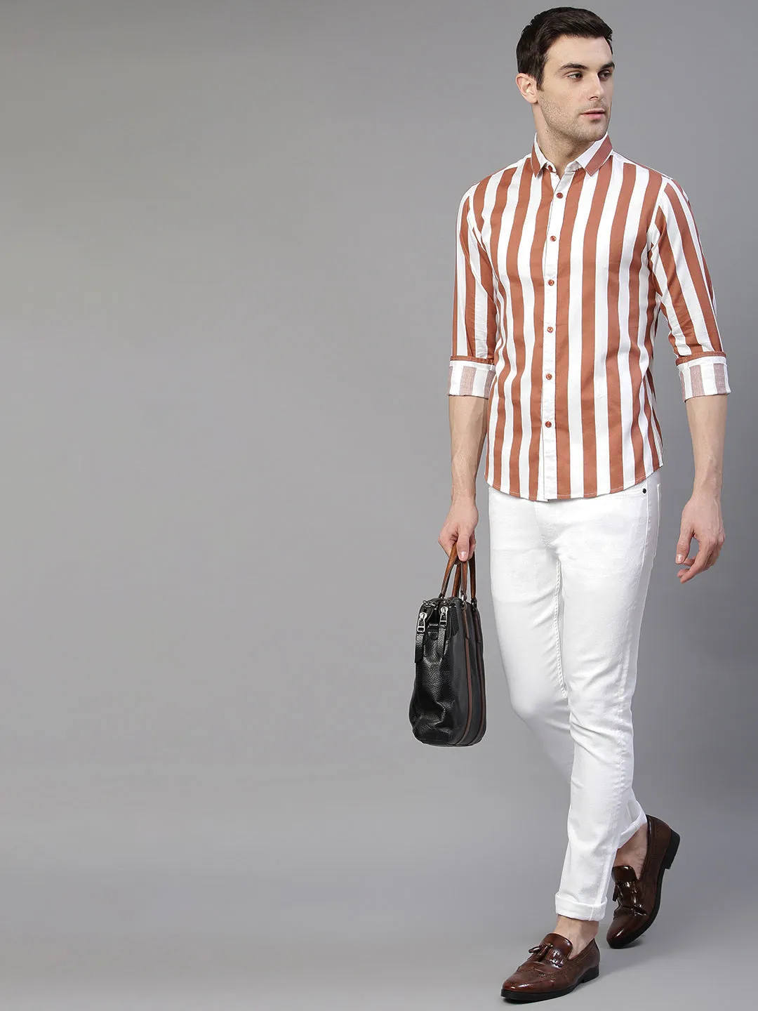 Men's Striped Peach Slim Fit Cotton Casual Shirt
