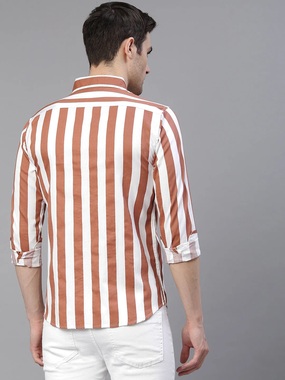 Men's Striped Peach Slim Fit Cotton Casual Shirt