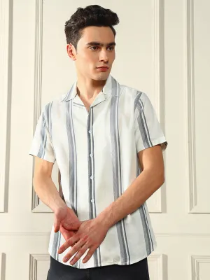 Men's  White Viscose Vertical stripes Cuban collar Casual Shirt