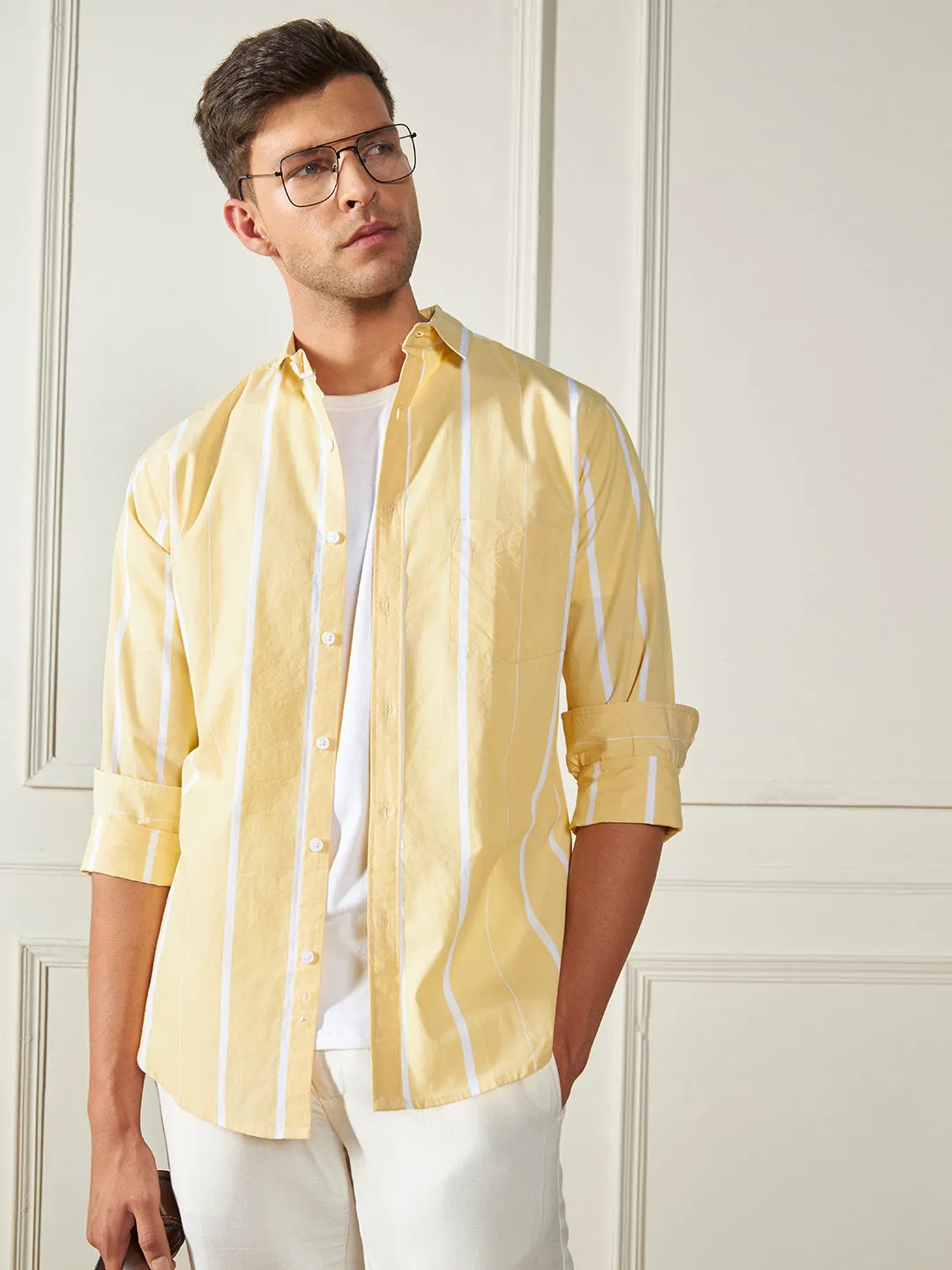 Men's Yellow 100% Cotton Striped Casual Cotton Shirt