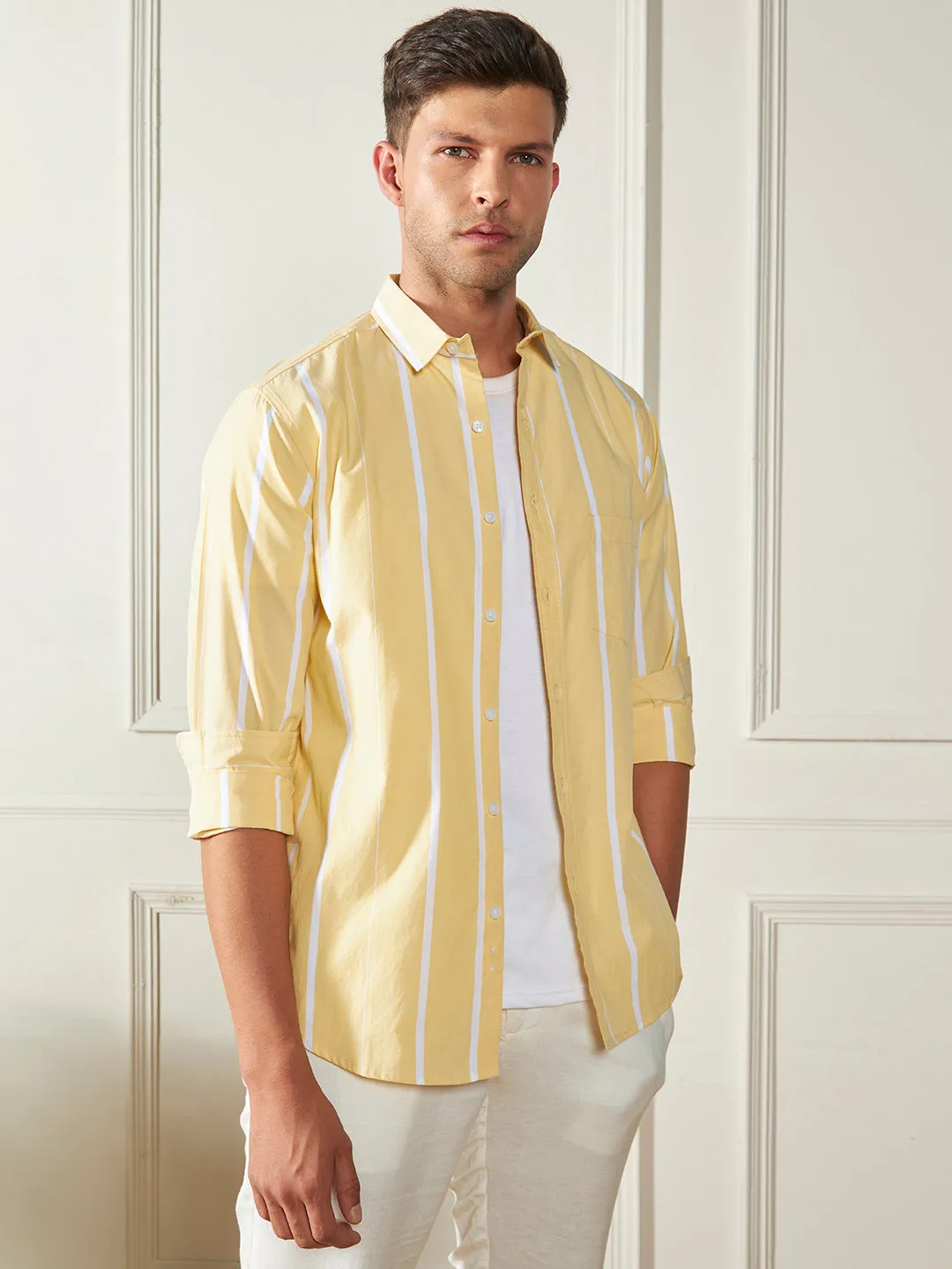 Men's Yellow 100% Cotton Striped Casual Cotton Shirt