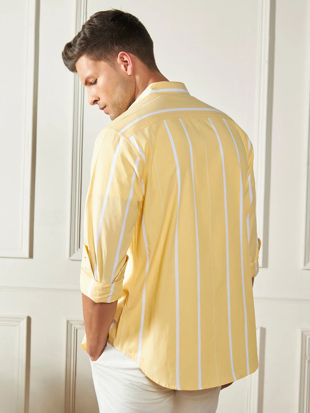 Men's Yellow 100% Cotton Striped Casual Cotton Shirt