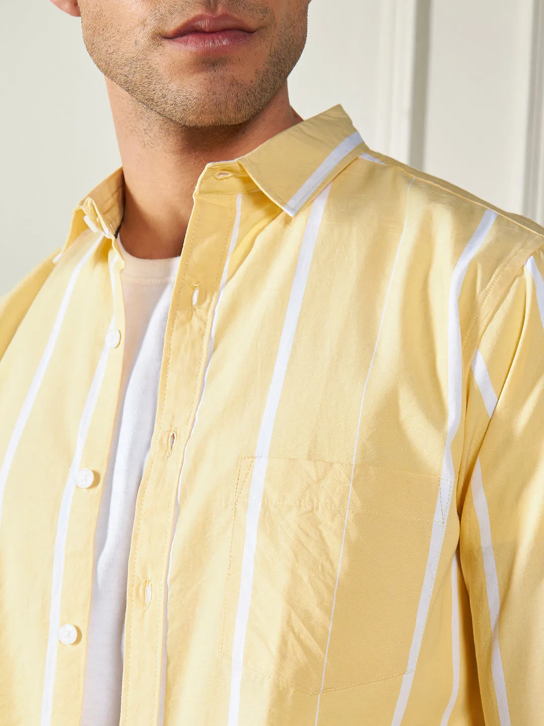 Men's Yellow 100% Cotton Striped Casual Cotton Shirt