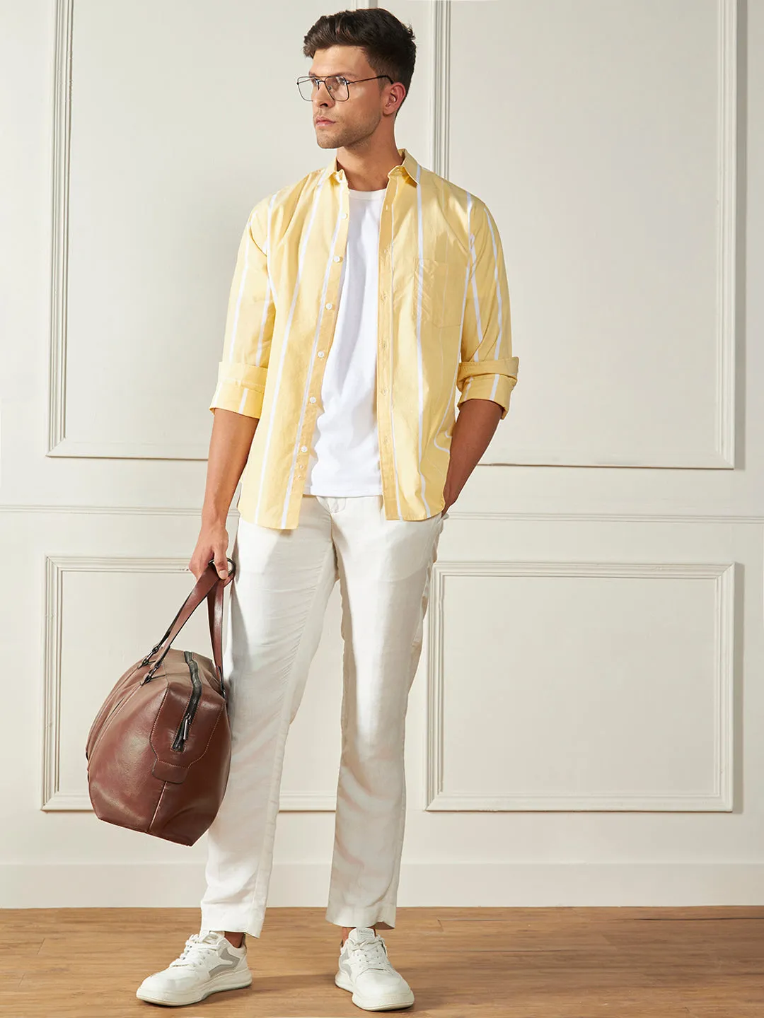 Men's Yellow 100% Cotton Striped Casual Cotton Shirt