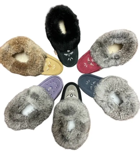 Moccasins Suede Rabbit Fur Trim Ladies LC🍁