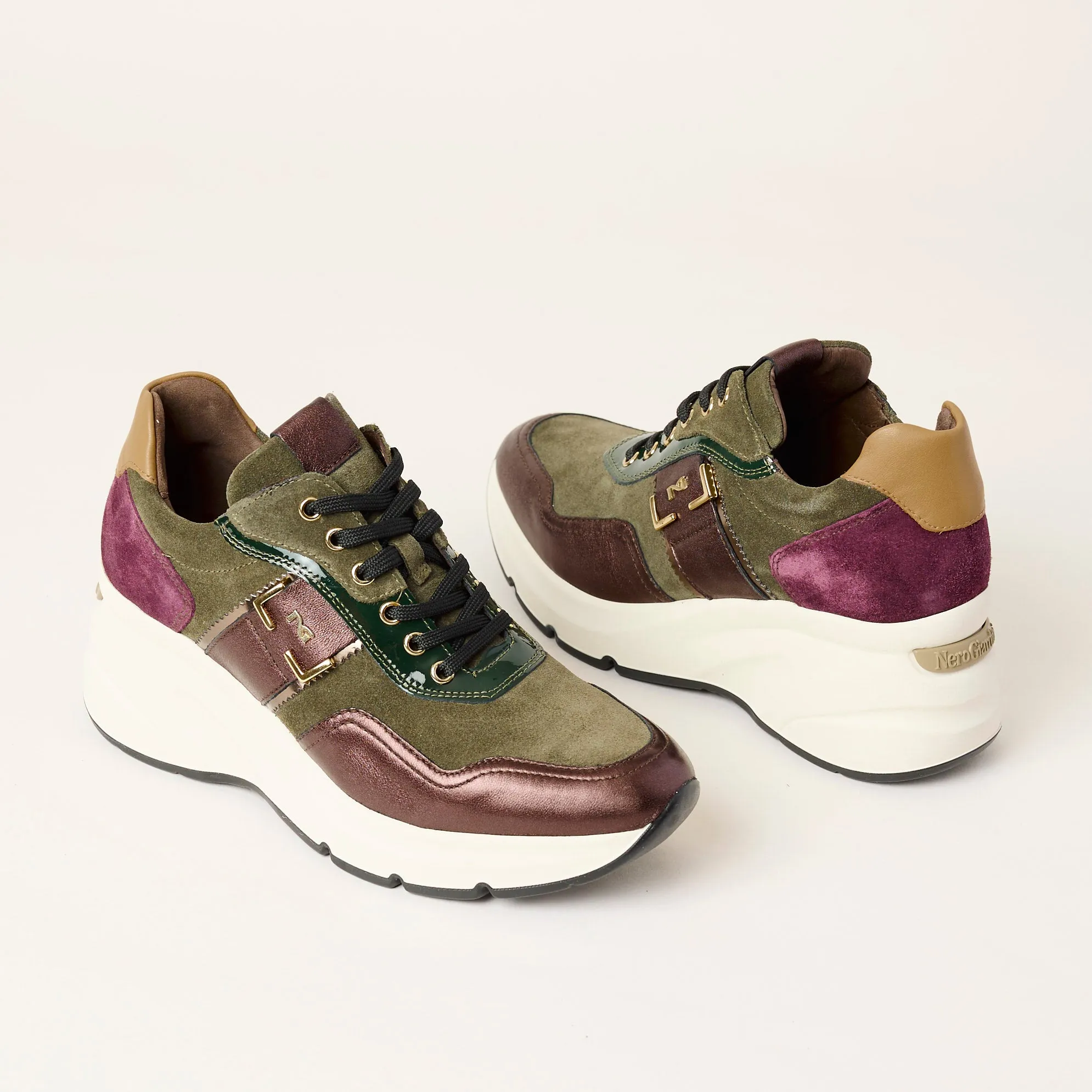 NeroGiardini Multi Green Burgundy Leather Trainers