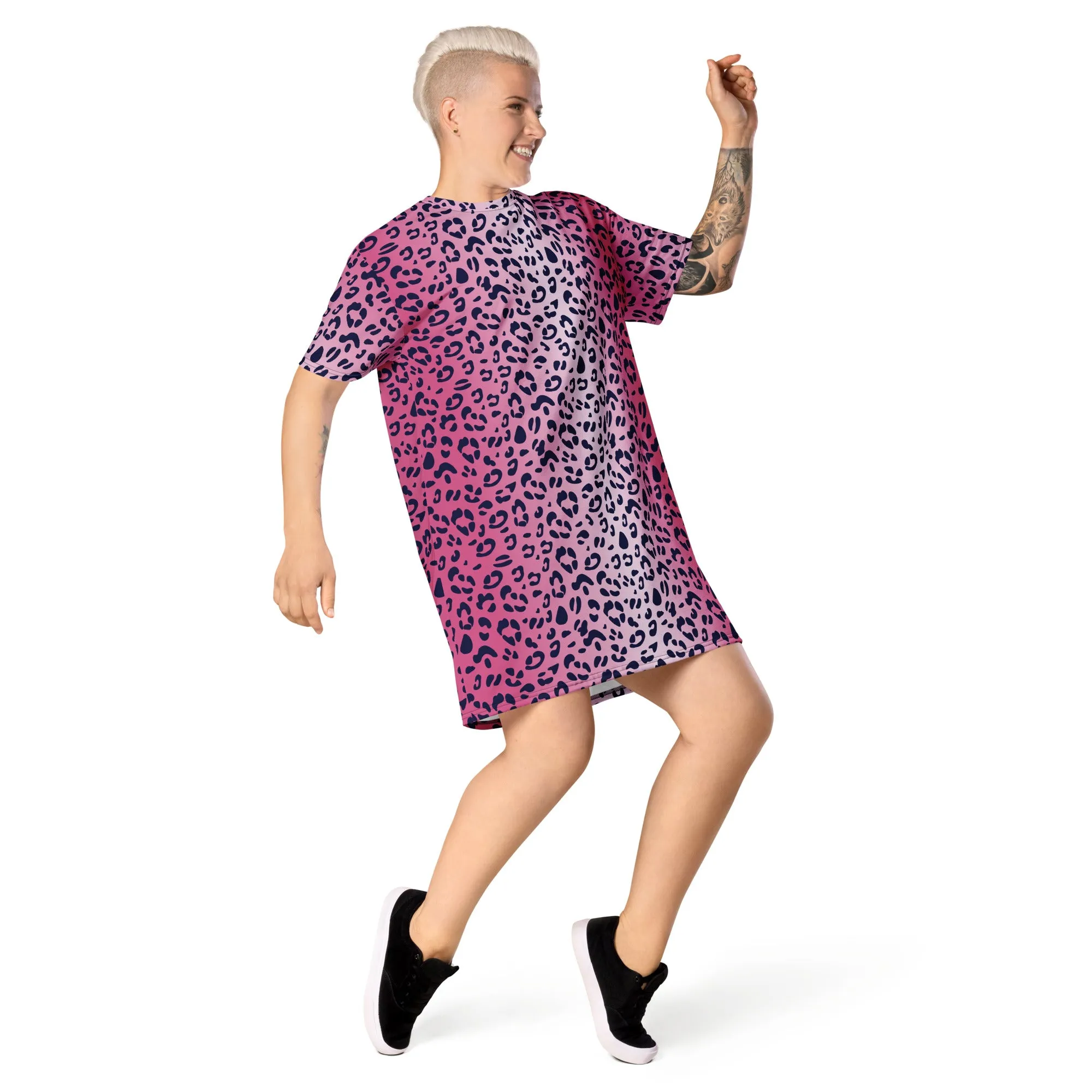Pink Leopard T-shirt Dress With Trans Collar Flag